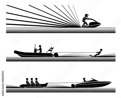 Enjoying in various water adrenaline sports. llustration in form of pictograms which represent amusement and enjoyment in water sports, jet ski,  water ski, banana boat ride.