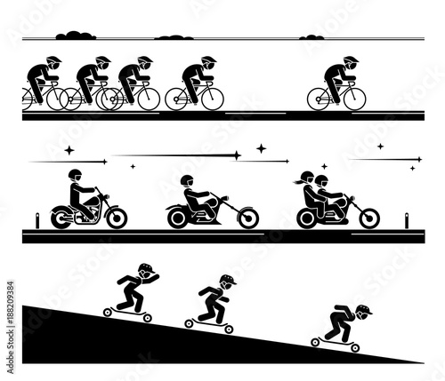 Various types of transport. Illustration in form of pictograms which represent enjoyment in travel and sport. Bicycle race, motorcycle rides, riding skateboard downhill on a ramp.