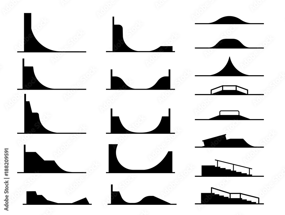 Vecteur Stock Illustration in form of pictograms which represent types of  ramps for skate parks and railings for bicycle and skateboard tricks and  stunts. Equipment for enjoyment in extreme adrenaline sport.