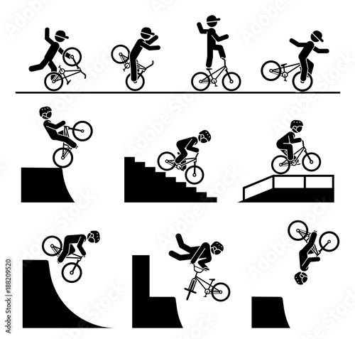 Fotografia Illustration in form of pictograms which represent doing acrobatics with bicycle