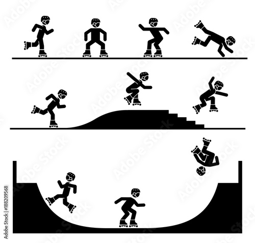 Illustration in form of pictograms which represent doing acrobatics with roller skates. Jumping rollers. Roller skates tricks and stunts. Riding roller skates on a ramp. 