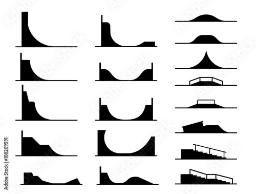 Illustration in form of pictograms which represent types of ramps for skate parks and railings for bicycle and skateboard tricks and stunts. Equipment for enjoyment in extreme adrenaline sport. photo