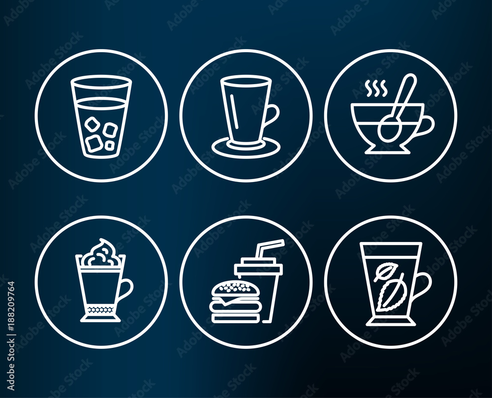 Set of Teacup, Tea cup and Latte coffee icons. Ice tea, Hamburger and Mint leaves signs. Coffee with spoon, Hot drink with whipped cream, Soda beverage. Mentha leaf. Editable stroke. Vector Set of Teacup, Tea cup and Latte coffee icons. Ice tea, Hamburger and Mint leaves signs. Coffee with spoon, Hot drink with whipped cream, Soda beverage. Mentha leaf. Editable stroke. Vector