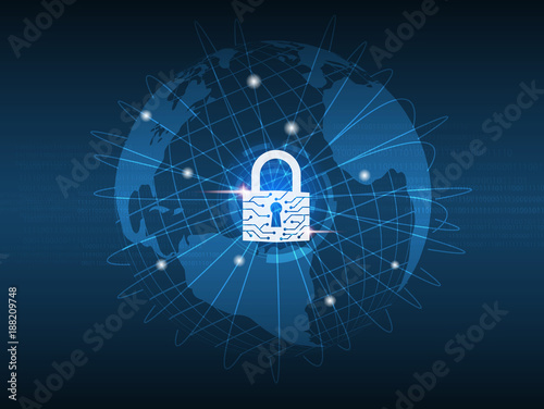Cyber Security Concept : Closed padlock protect world global network on binary code background.