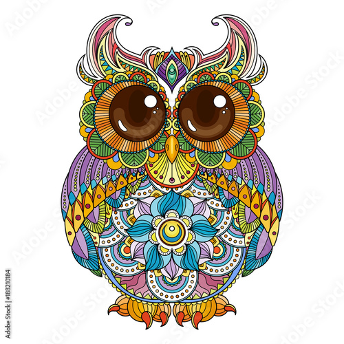 Vector zendoodle ornate owl illustration. Picture for coloring pages, printing and antistress books.