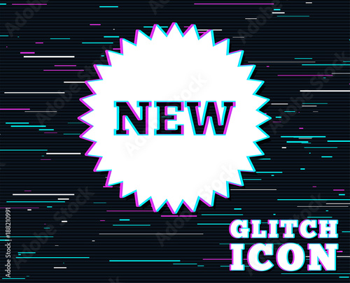 Glitch effect. New sign icon. New arrival star symbol. Background with colored lines. Vector