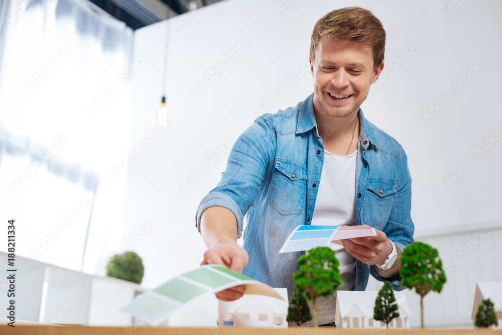 © Viacheslav Yakobchuk - This one. Enthusiastic emotional young engineer looking happy while standing in front of miniature houses and smiling when choosing necessary colors from color palette