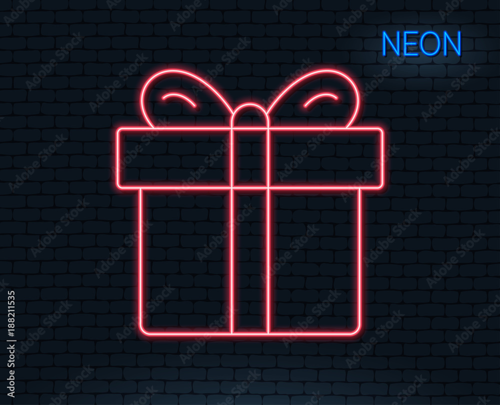 Neon light. Gift box line icon. Present or Sale sign. Birthday Shopping symbol. Package in Gift Wrap. Glowing graphic design. Brick wall. Vector Neon light. Gift box line icon. Present or Sale sign. Birthday Shopping symbol. Package in Gift Wrap. Glowing graphic design. Brick wall. Vector