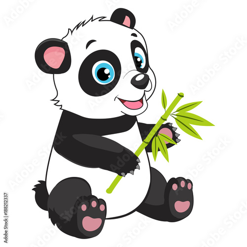 Fototapeta Naklejka Na Ścianę i Meble -  Little Funny Bear Panda Vector Image On A White Background. Cartoon Panda Eats Bamboo Branch Vector Illustration. Panda Bear Costume.
