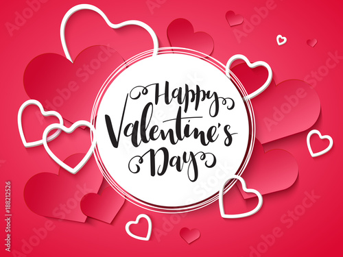 Vector illustration of valentine's day greetings card with hand lettering label - happy valentine's day - with a lot of heart shapes on rose background