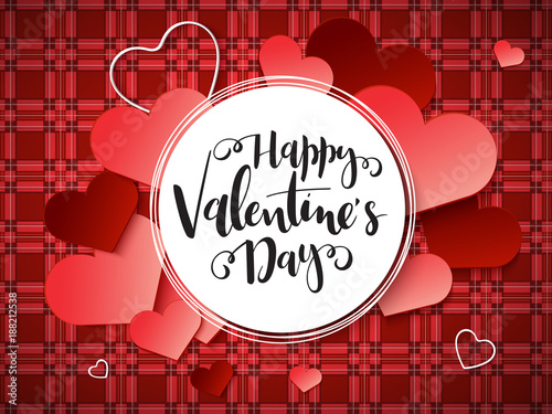 Vector illustration of valentine's day greetings card with hand lettering label - happy valentine's day - with a lot of heart shapes on cherry checked background