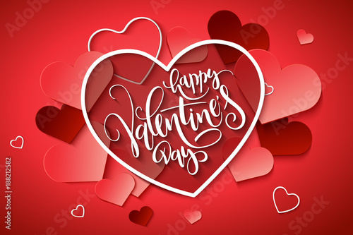 Vector illustration of valentine's day greetings card with hand lettering label - happy valentine's day - with a lot of heart shapes on cherry tomato background