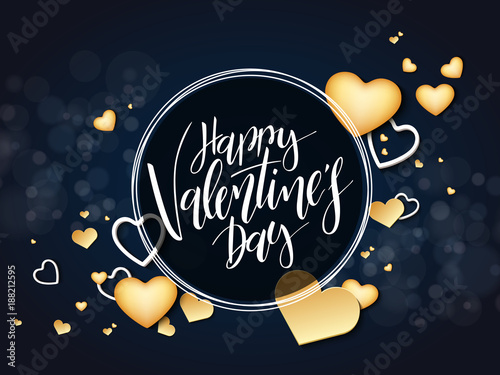 Vector illustration of valentine's day greetings card with hand lettering label - happy valentine's day - with a lot of heart shapes