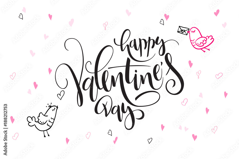 vector hand lettering valentine's day greetings text - happy valentine's day - with heart shapes and birds