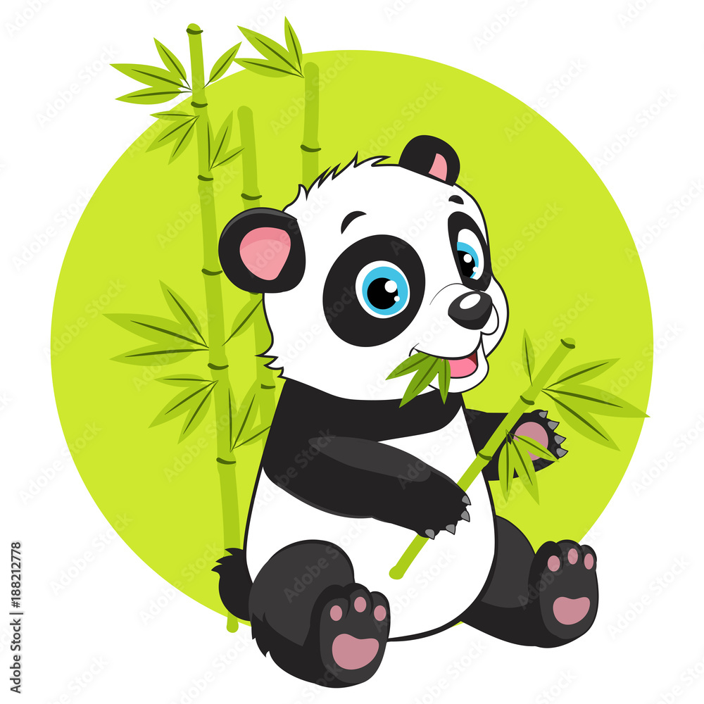 Obraz premium Cute Baby Panda Bear w bambusowym lesie grafika wektorowa. Kreskówka Panda zjada ilustracja wektorowa gałąź bambusa. Kostium Panda Bear. Magiczna natura.