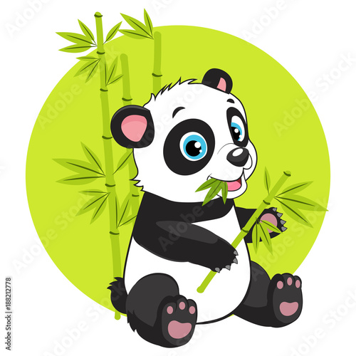 Fototapeta Naklejka Na Ścianę i Meble -  Cute Baby Panda Bear In Bamboo Forest Vector Image. Cartoon Panda Eats Bamboo Branch Vector Illustration. Panda Bear Costume. Magic Nature.