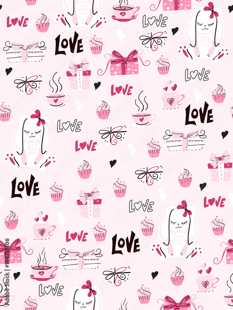 vector seamless valentine's day pattern from doodle hand drawn hearts, giftboxes, tea cups and love labels