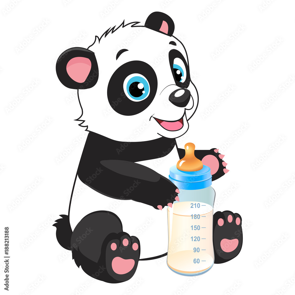 Cute Baby Panda With Feeding Bottle Cartoon Vector Character. Panda Bear  Costume. Baby Feed Theme. Stock Vector | Adobe Stock