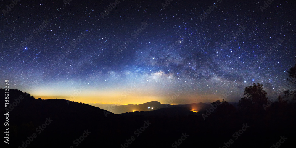 Panorama starry night sky and milky way galaxy with stars and space dust in the universe at Doi inthanon Chiang mai, Thailand
