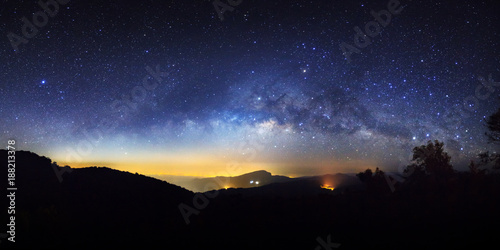 Panorama starry night sky and milky way galaxy with stars and space dust in the universe at Doi inthanon Chiang mai, Thailand
