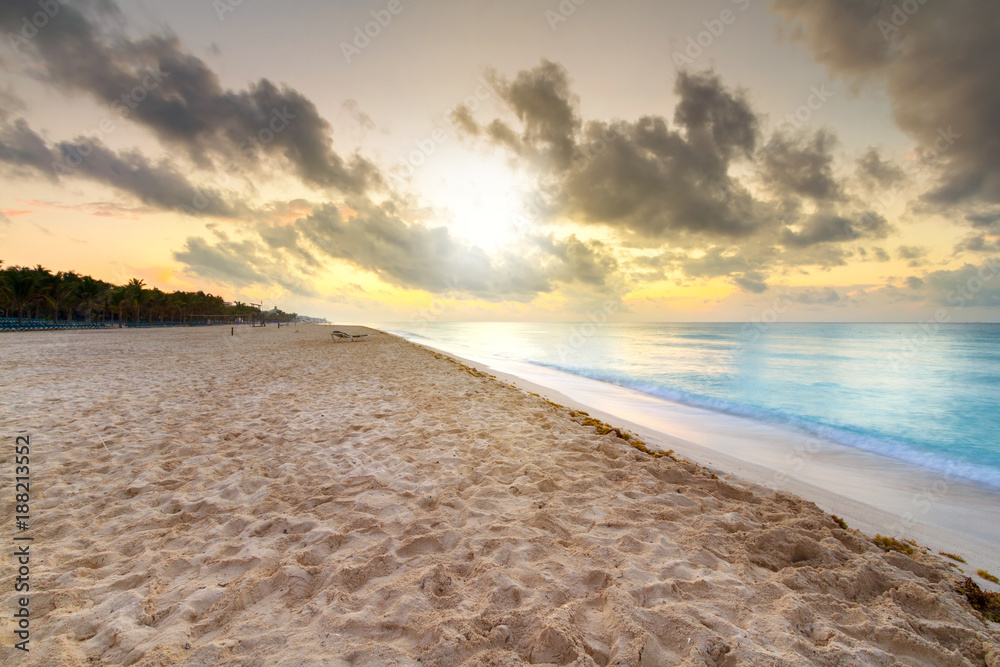 Sunrise on the beach of Caribbean sea, Mexico