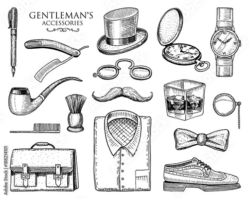 gentleman accessories. hipster or businessman, victorian era. engraved hand drawn vintage. brogues, mustache, shirt and cigar. cylinder hat, smoking pipe, straight razor, monocle, pince-nez