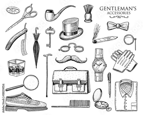 gentleman accessories set. hipster or businessman, victorian era. engraved hand drawn vintage. brogues, briefcase, shirt and cigar. cylinder hat, smoking pipe, straight razor, monocle, pince-nez