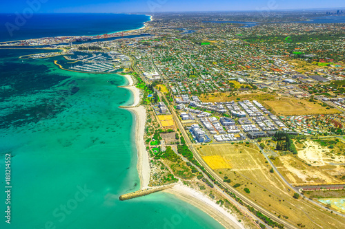 Aerial view of Fremantle Harbour, near Perth, the Western Australia's largest and busiest general cargo port. Scenic flight over Fishing Boat Harbour and South Beach, Australia.