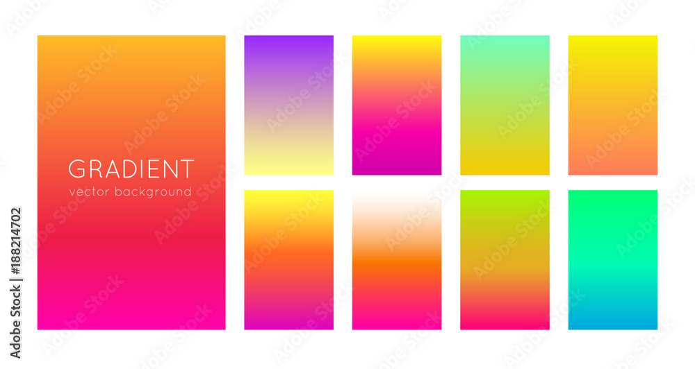 Abstract set of modern bright gradient backgrounds and texture for mobile applications and smartphone screen. Warm color backdrop. Vivid design element for banner, cover or flyer. EPS 10