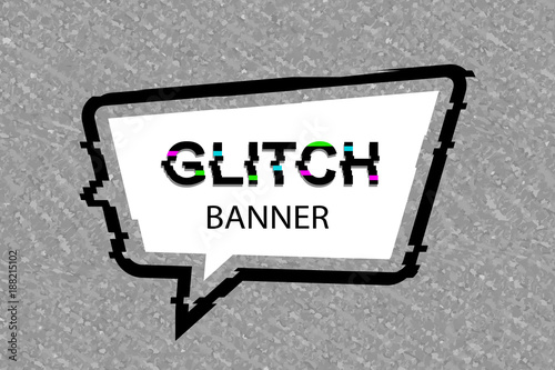 Glitch style banner on abstract background, vector illustration