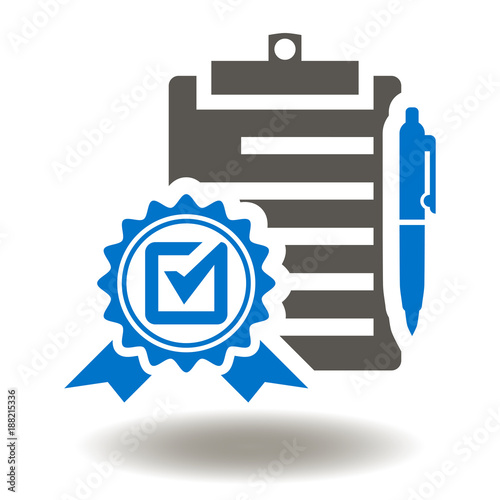 Checklist Quality Stamp Check Mark Pen Icon Vector. Clipboard Pencil Approved Medal Illustration. Contract Logo Symbol.