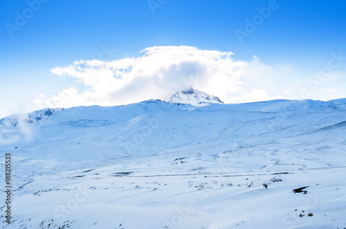 Mt. Erciyes volcano covered with snow in winter, Kayseri, Turkey