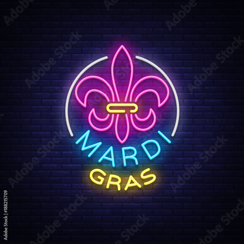 Mardi Grav is a neon sign. Bright glowing banner, luminous sign, bright neon billboard, night neon advertising of carnival. Fat Tuesday Design template, greeting card, flyer. Vector illustration