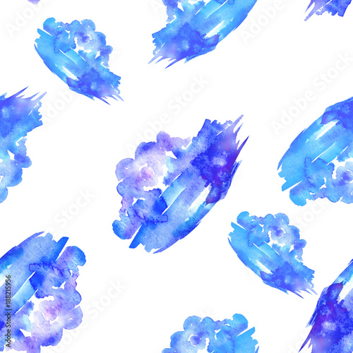 Watercolor seamless vintage pattern with abstract blue pattern. Watercolor blot, background, blue paint on white isolated background. Vintage drawing, splash of paint, blot, spots, blots, clouds.