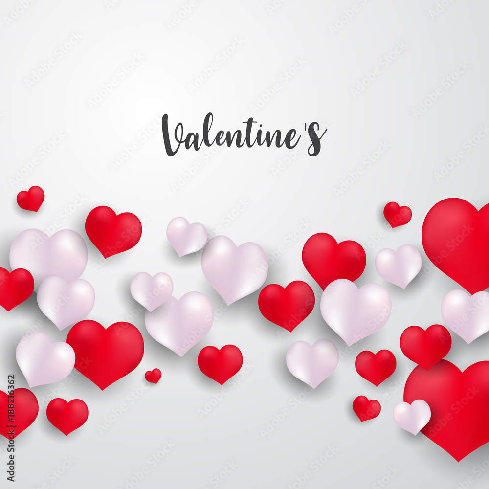 Red and White heart White balloons, confetti concept design template Happy Valentines Day, greeting background. Celebration Vector illustration.