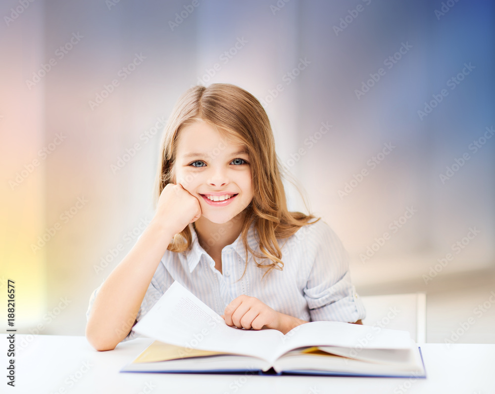 happy smiling student girl reading book happy smiling student girl reading book