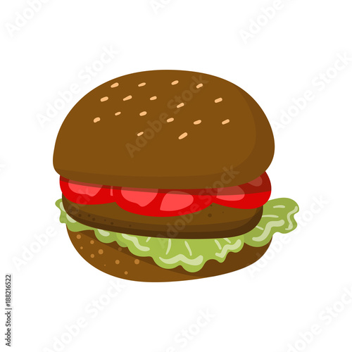 Hamburger with cheese  lettuce  meat patty and bun with sesame seeds cartoon vector Illustration