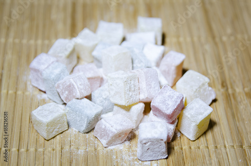 Turkish Delight in powdered sugar. Close-up, selective focus.