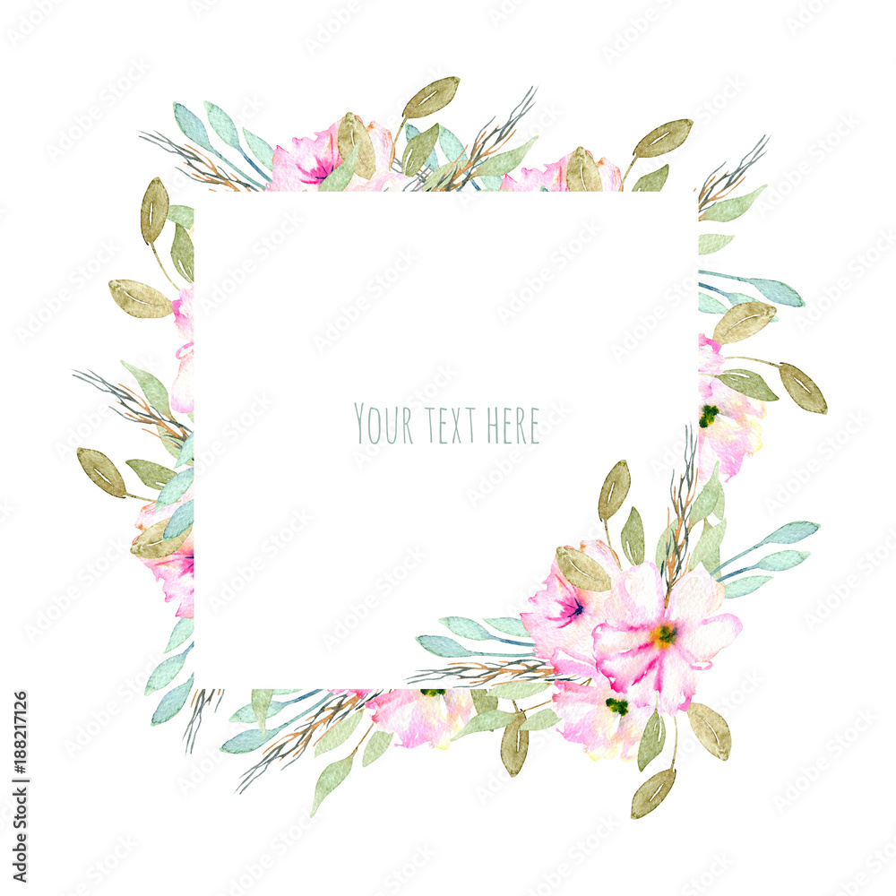 Watercolor tender pink field carnations, blue and green branches frame, hand drawn on a white background