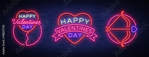 Valentine s Day is a collection of neon signs. Collection banners, neon billboards, vibrant advertising, brochures. Design template for greetings, flyer, card, invitation. Vector illustration