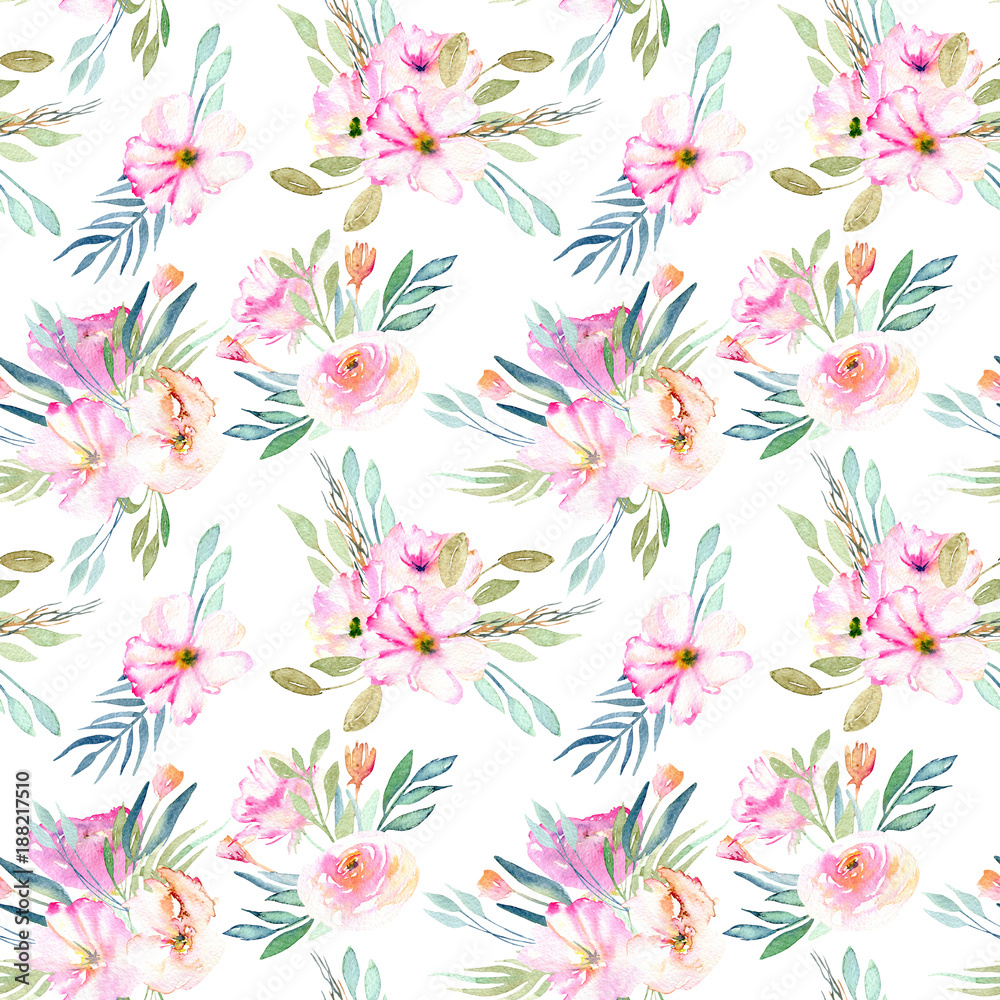 Watercolor field carnations, roses and green branches bouquets seamless pattern, hand drawn on a white background Watercolor field carnations, roses and green branches bouquets seamless pattern, hand drawn on a white background