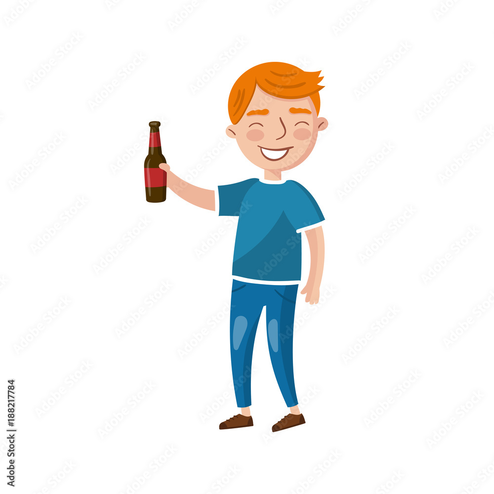 Young man drinking beer cartoon vector Illustration