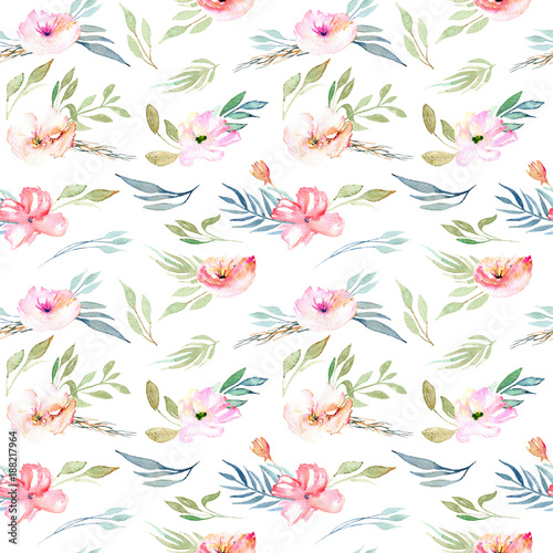 Watercolor field carnations and green branches seamless pattern, hand drawn on a white background