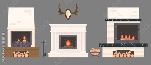 Several fireplaces and accessories to them. Stone and brick classical and modern fireplaces. Fire and firewood. Reindeer antlers on the wall.