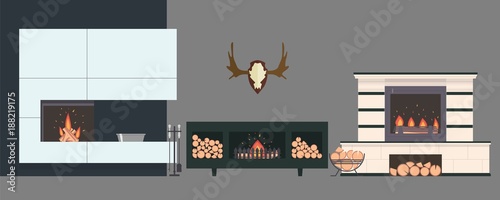 Several fireplaces and accessories to them. Stone and brick classical and modern fireplaces. Fire and firewood. Reindeer antlers on the wall.