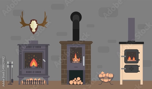 Several ovens and accessories to them. Stone and brick classical and modern fireplaces. Fire and firewood. Reindeer antlers on the wall.