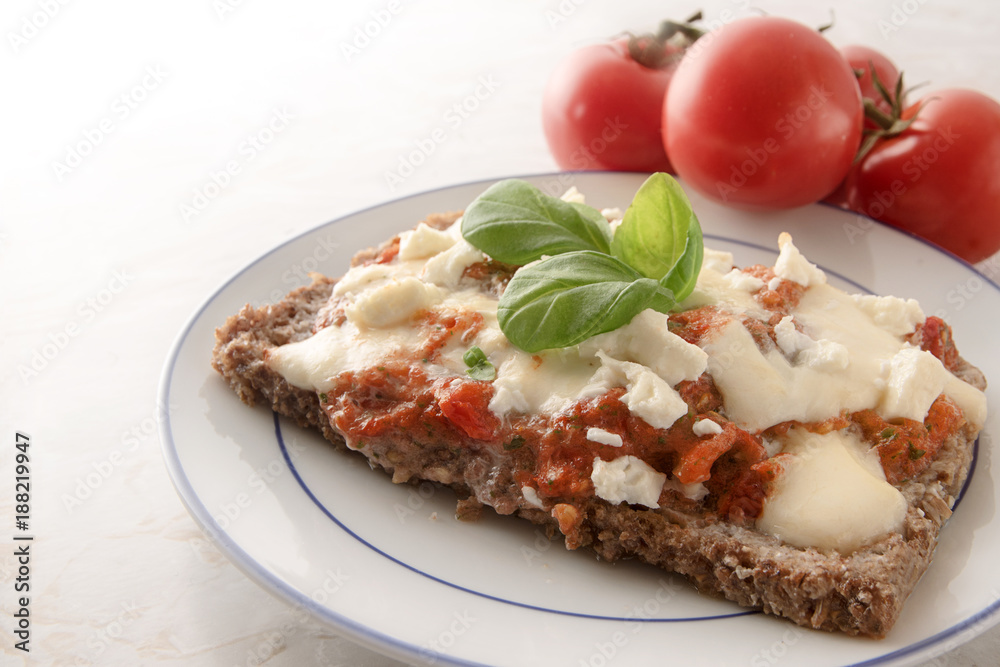 tomato salsa and mozzarella cheese grated on whole grain bread with basil garnish on a plate, light marble background, copy space