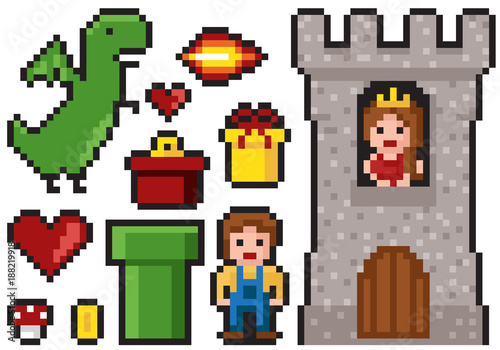 Set of minimalistic pixel art vector objects isolated. game 8 bit style.