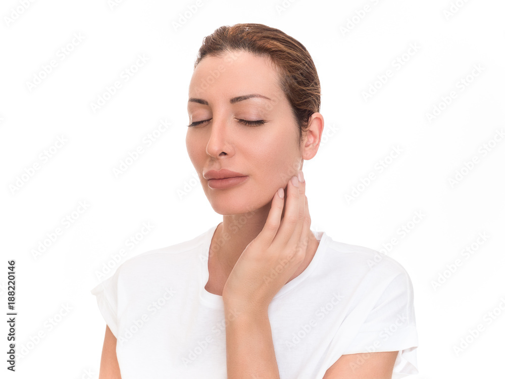Beautiful woman with neck pain, isolated on white background. Beautiful woman with neck pain, isolated on white background.