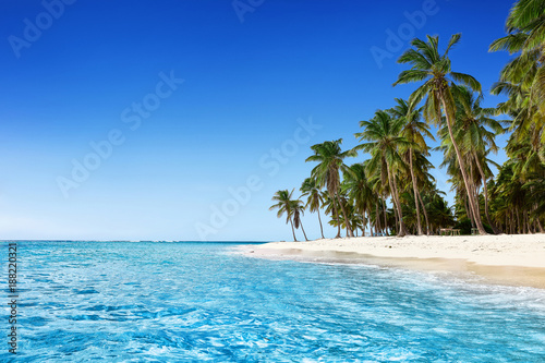 Rajska plaża. Tropikalny raj, biały piasek, plaża, palmy i czysta woda